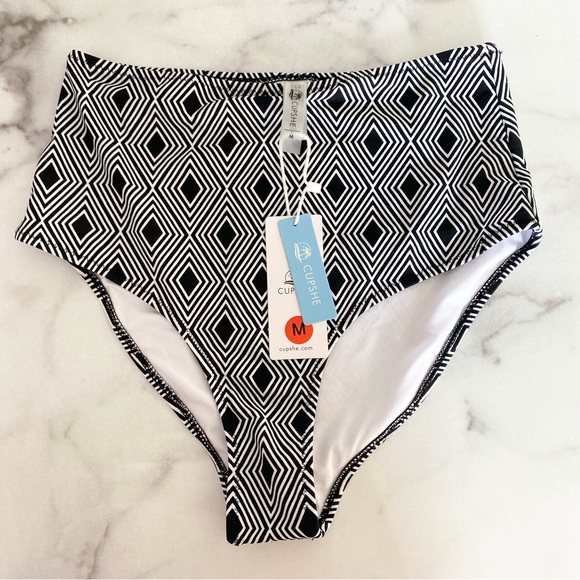 Cupshe Black and White High Waisted Swim Bikini Bottoms - Picture 2 of 6